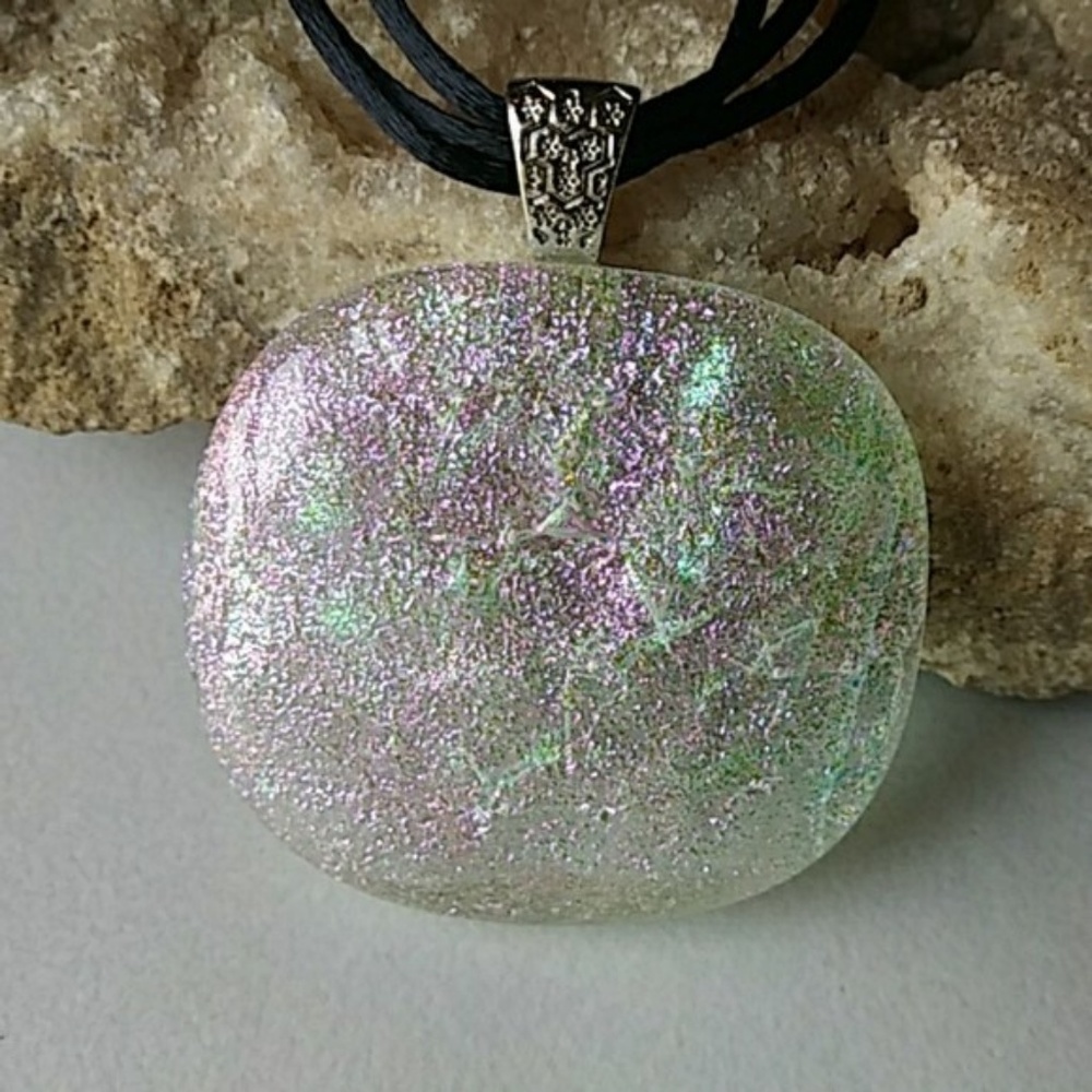 Large clear dichroic glass pendant 1.75 in - Picture 3 of 8